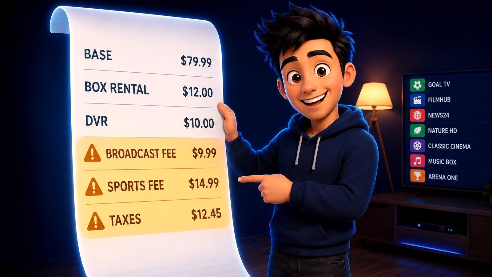 Illustration of a cable TV bill showing base price, box rental, DVR, broadcast fee, sports fee and taxes