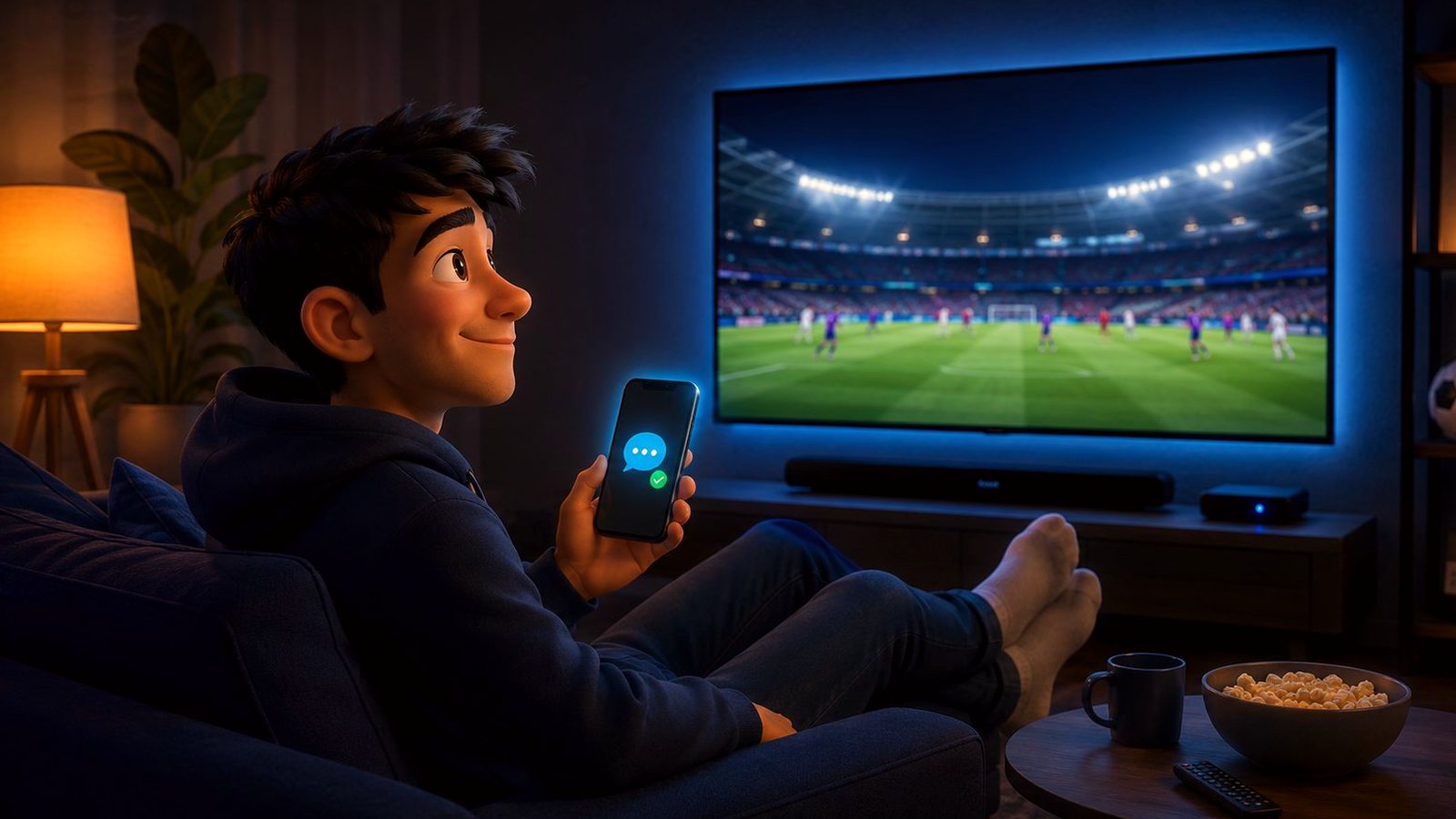 Someone relaxed on the sofa watching IPTV at home after choosing a provider, phone showing a fast support reply