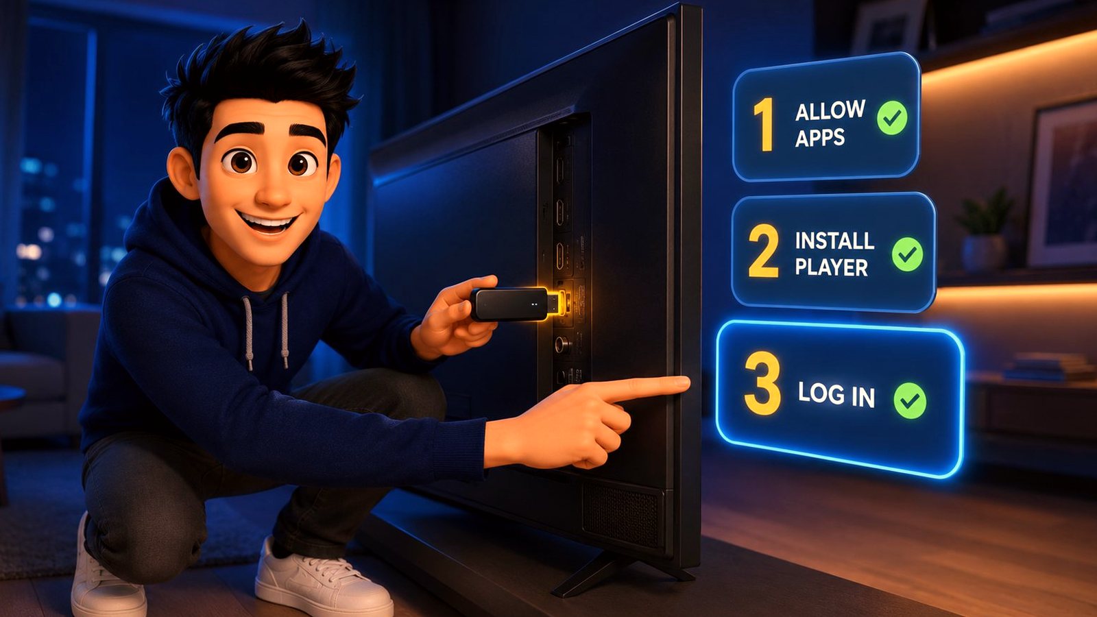 Streaming stick being plugged into a TV beside three setup steps: allow apps, install player, log in
