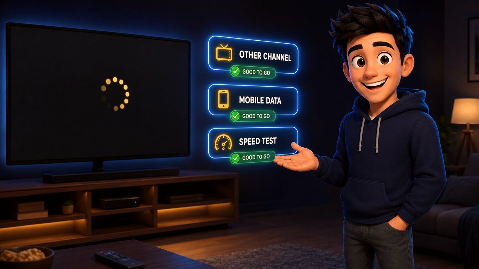 Stalled stream on a TV beside three diagnostic checks: other channel, mobile data, speed test