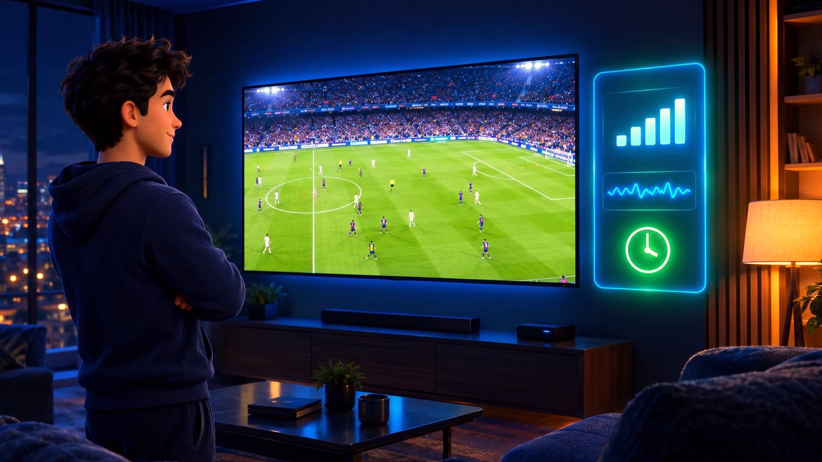 A television playing a live match smoothly at prime time after fixing IPTV buffering, with a signal-strength panel full
