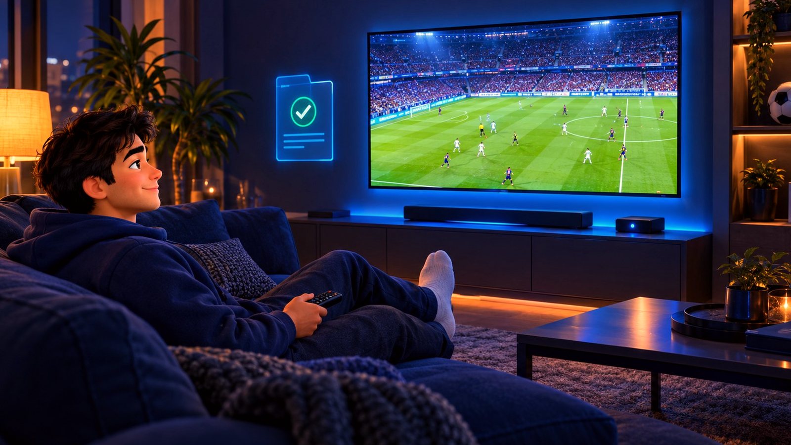 A relaxed evening watching live IPTV with no buffering, remote in hand, the match playing clean on a wall-mounted TV